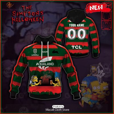 NEW Personalise NRL South Sydney Rabbitohs x The Simpsons 2023 Halloween Jersey Hoodie 3D -soulcals