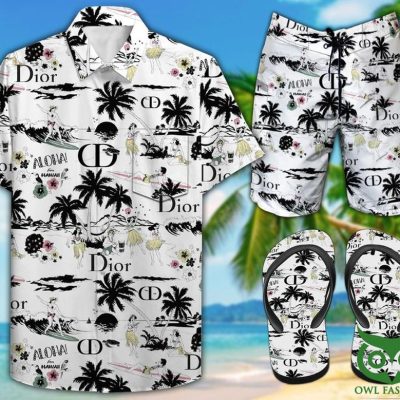 Dior Black Coconut Tree Flip Flops and Combo Hawaiian Shirt Shorts