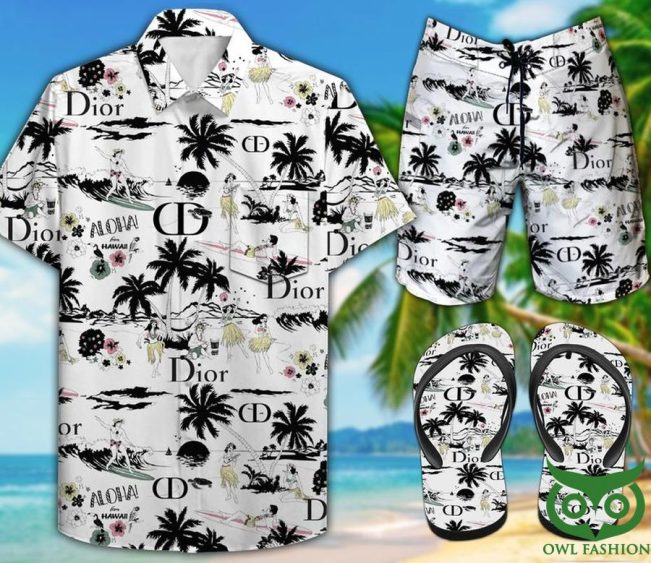 Dior Black Coconut Tree Flip Flops and Combo Hawaiian Shirt Shorts
