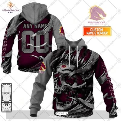 Personalized NRL Brisbane Broncos Metal Skull Hoodie Sweatshirt 3D -soulcals