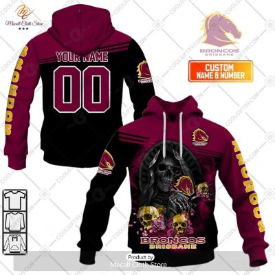 Personalized NRL Brisbane Broncos Skull Death Art Hoodie Sweatshirt 3D -soulcals