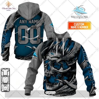 Personalized NRL Cronulla Sutherland Sharks Metal Skull Hoodie Sweatshirt 3D -soulcals