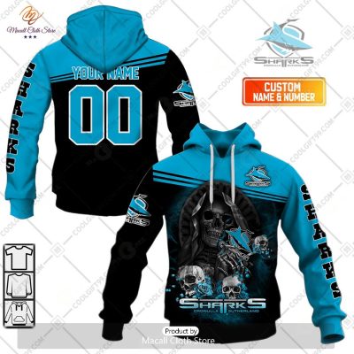 Personalized NRL Cronulla Sutherland Sharks Skull Death Art Hoodie Sweatshirt 3D -soulcals
