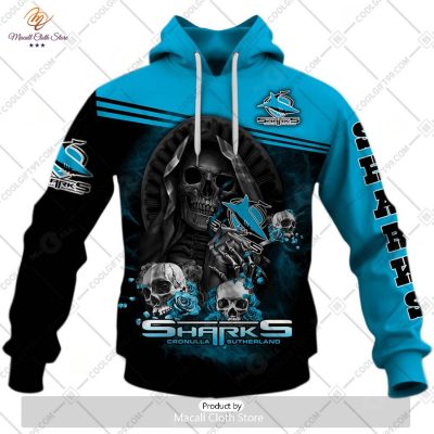 Personalized NRL Cronulla Sutherland Sharks Skull Death Art Hoodie Sweatshirt 3D -soulcals