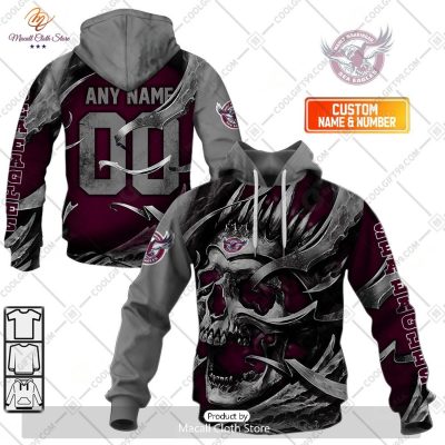 Personalized NRL Manly Warringah Sea Eagles Metal Skull Hoodie Sweatshirt 3D -soulcals