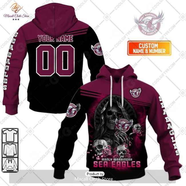Personalized NRL Manly Warringah Sea Eagles Skull Death Art Hoodie Sweatshirt 3D -soulcals