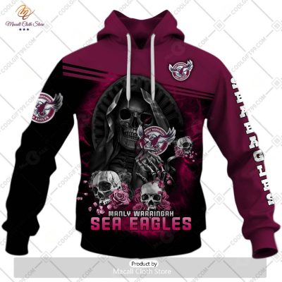 Personalized NRL Manly Warringah Sea Eagles Skull Death Art Hoodie Sweatshirt 3D -soulcals