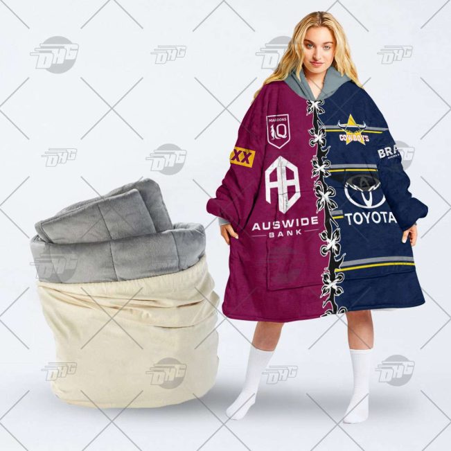 Personalise SOO QLD Maroons To NRL North Queensland Cowboys Half and Half Split oodie blanket hoodie snuggie