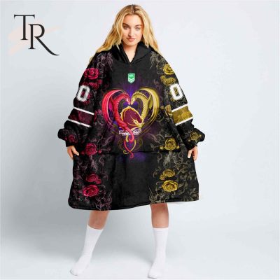 Custom Name And Number NRL Brisbane Broncos Rose Dragon Fleece Blanket Hoodie | Soulcals