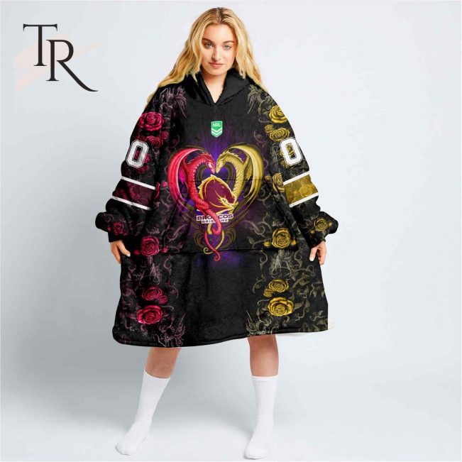 Custom Name And Number NRL Brisbane Broncos Rose Dragon Fleece Blanket Hoodie | Soulcals