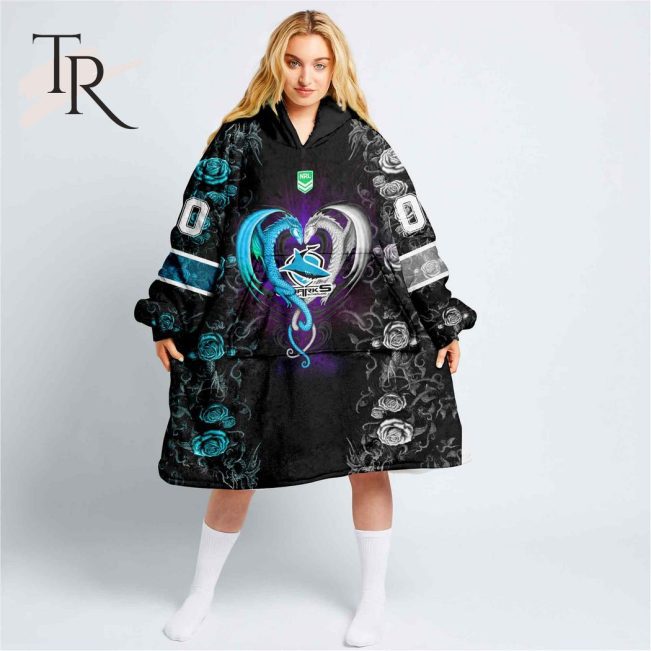 Custom Name And Number NRL Cronulla Sutherland Sharks Rose Dragon Fleece Blanket Hoodie | Soulcals