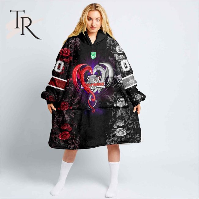 Custom Name And Number NRL Dolphins Rose Dragon Fleece Blanket Hoodie | Soulcals