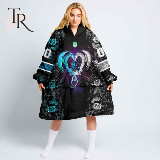 Custom Name And Number NRL Gold Coast Titans Rose Dragon Fleece Blanket Hoodie | Soulcals