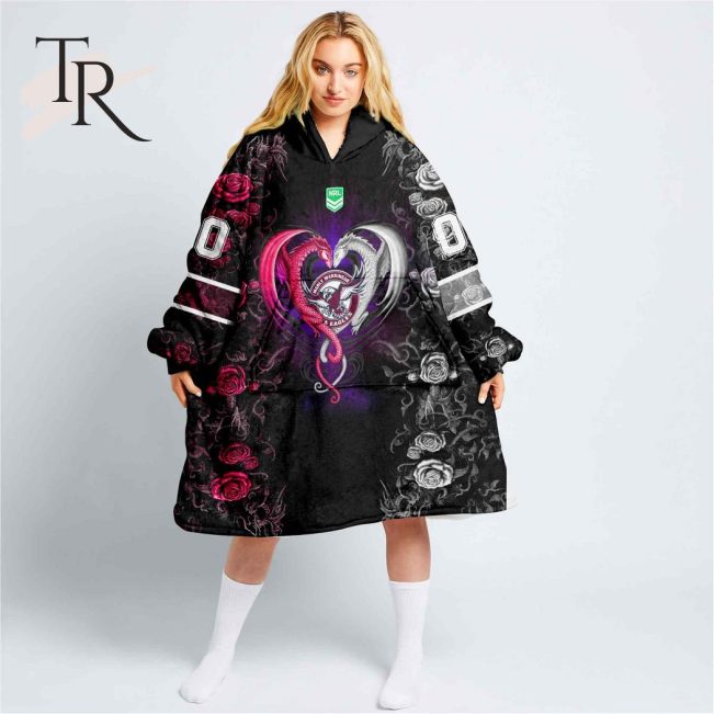 Custom Name And Number NRL Manly Warringah Sea Eagles Rose Dragon Fleece Blanket Hoodie | Soulcals