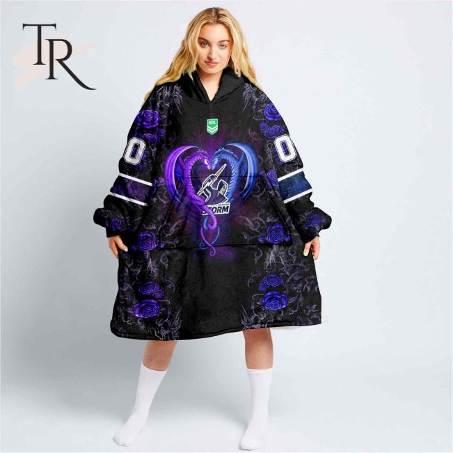 Custom Name And Number NRL Melbourne Storm Rose Dragon Fleece Blanket Hoodie | Soulcals
