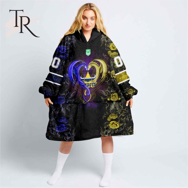 Custom Name And Number NRL North Queensland Cowboys Rose Dragon Fleece Blanket Hoodie | Soulcals