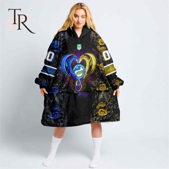 Custom Name And Number NRL Parramatta Eels Rose Dragon Fleece Blanket Hoodie | Soulcals