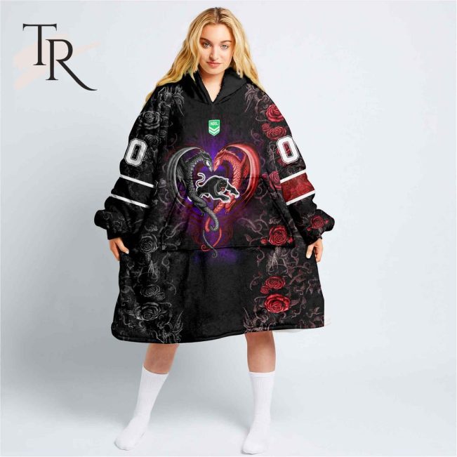 Custom Name And Number NRL Penrith Panthers Rose Dragon Fleece Blanket Hoodie | Soulcals