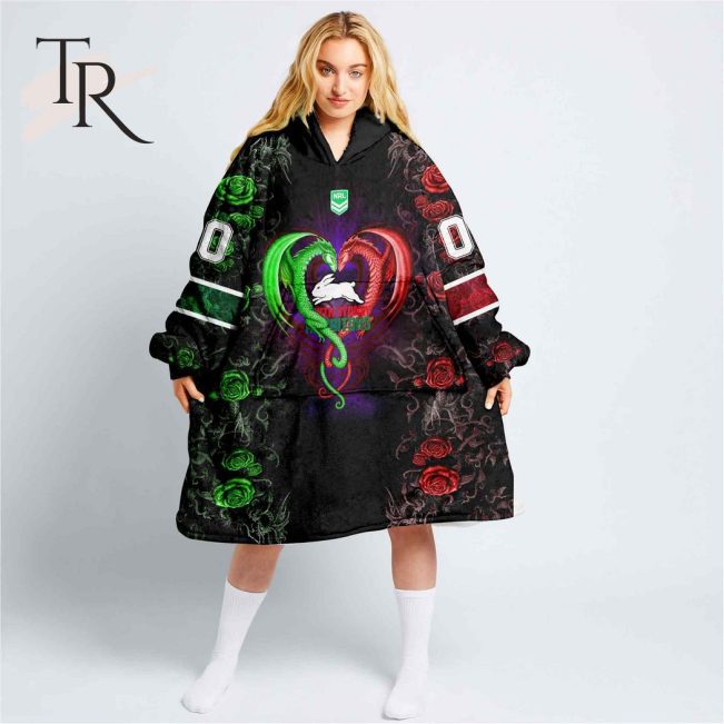 Custom Name And Number NRL South Sydney Rabbitohs Rose Dragon Fleece Blanket Hoodie | Soulcals