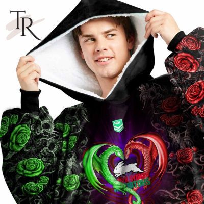 Custom Name And Number NRL South Sydney Rabbitohs Rose Dragon Fleece Blanket Hoodie | Soulcals