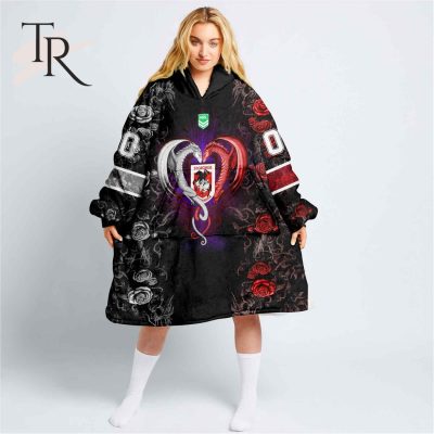 Custom Name And Number NRL St George Illawarra Dragons Rose Dragon Fleece Blanket Hoodie | Soulcals