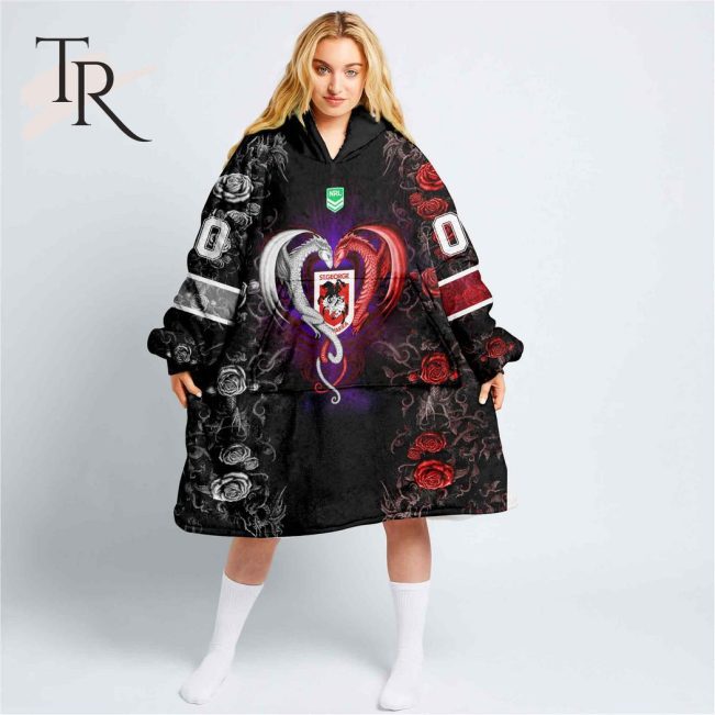 Custom Name And Number NRL St George Illawarra Dragons Rose Dragon Fleece Blanket Hoodie | Soulcals