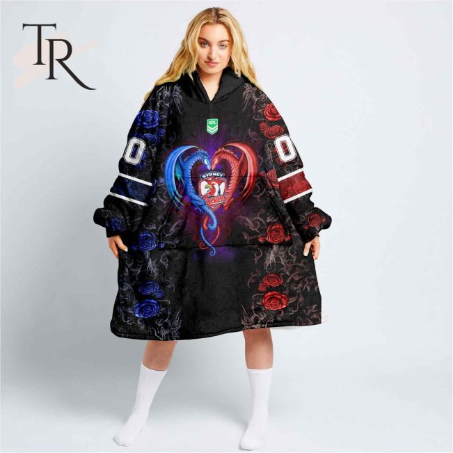 Custom Name And Number NRL Sydney Roosters Rose Dragon Fleece Blanket Hoodie | Soulcals