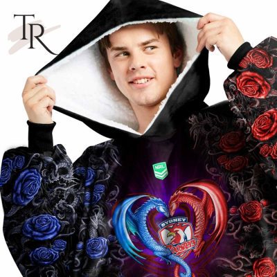 Custom Name And Number NRL Sydney Roosters Rose Dragon Fleece Blanket Hoodie | Soulcals