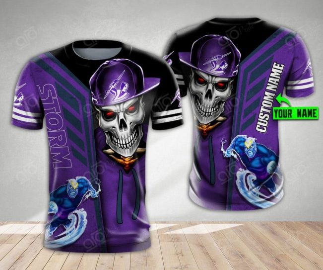 NRL Melbourne Storm Custom Name Mascot Skull T-Shirt