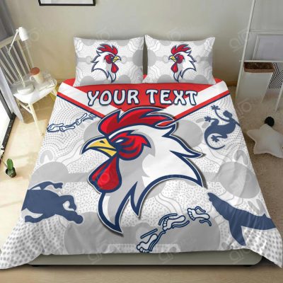 NRL Sydney Roosters Custom Text Indigenous White  Bedding Set