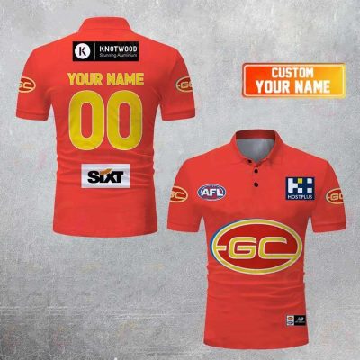 AFL Gold Coast Suns Custom Name Number 2023 Home Guernsey Polo Shirt