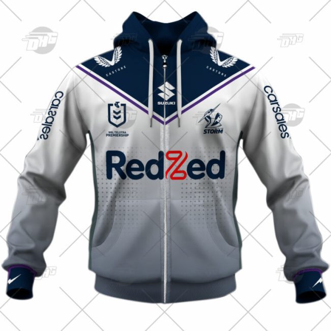 NRL Melbourne Storm Custom Name Number 2022 Away Jersey Zip Up Hoodie