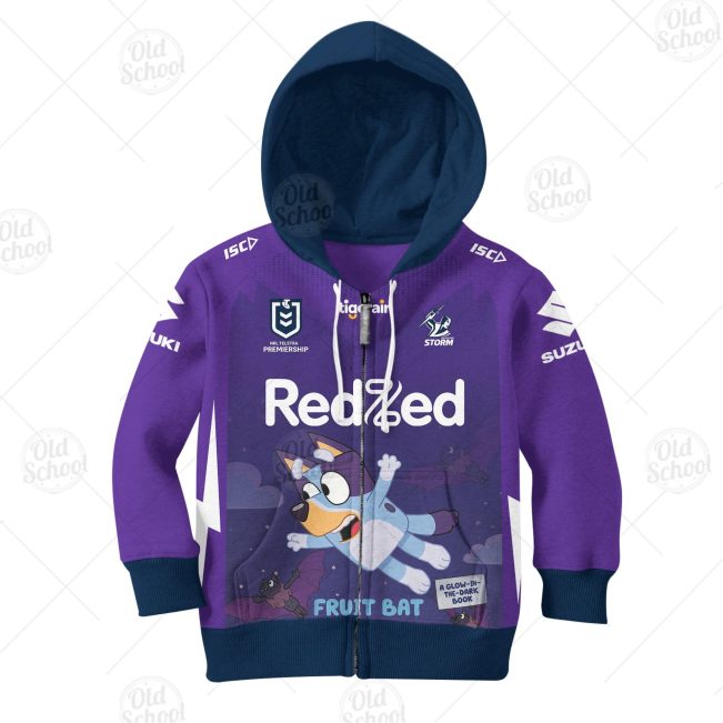 NRL Melbourne Storm Custom Name Number 2020 x Bluey Jersey Kids Zip Up Hoodie