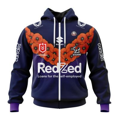 NRL Melbourne Storm Custom Name Number 2023 ANZAC Day Jersey Zip Up Hoodie