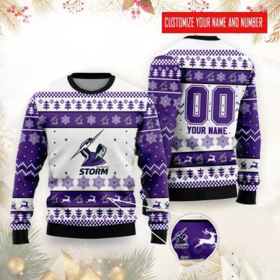 NRL Melbourne Storm Custom Name Number Logo Ugly Christmas Sweater