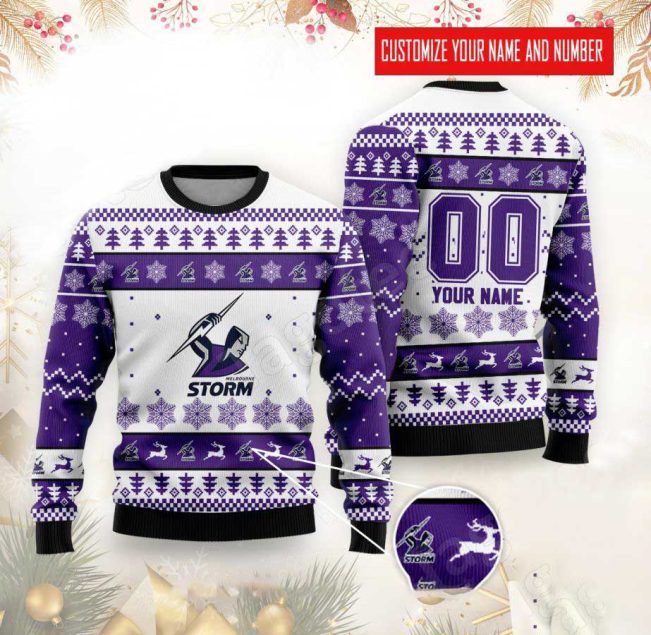 NRL Melbourne Storm Custom Name Number Logo Ugly Christmas Sweater