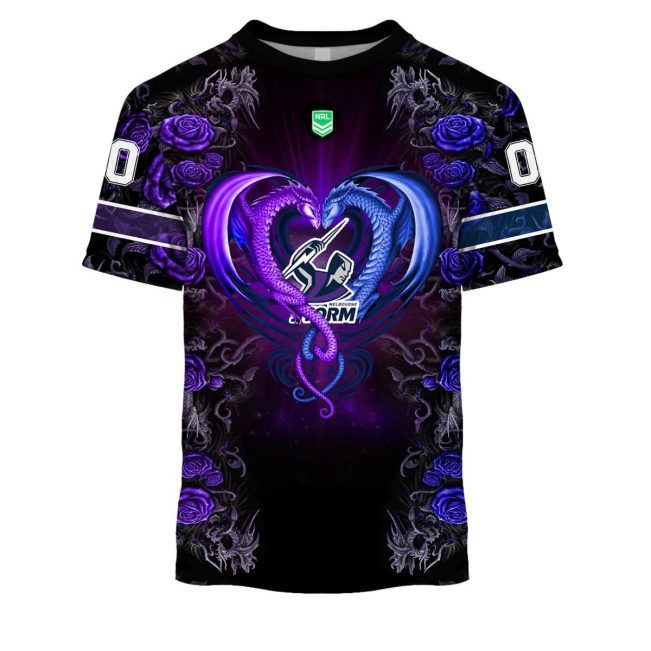 NRL Melbourne Storm Custom Name Number Rose Dragon T-Shirt