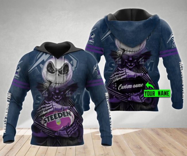 NRL Melbourne Storm Custom Name Halloween Jack Skellington Pullover Hoodie