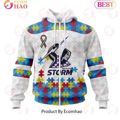 NRL Melbourne Storm Custom Name Number Autism Awareness Zip Up Hoodie