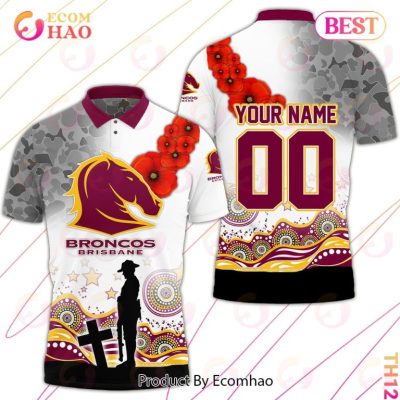 NRL Brisbane Broncos Custom Name Number ANZAC Day Polo Shirt