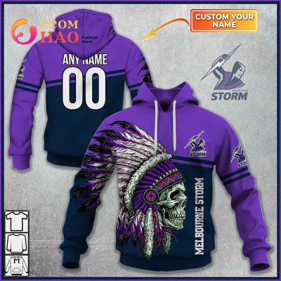 NRL Melbourne Storm Custom Name Number Native Skull Pullover Hoodie