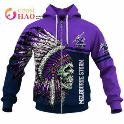 NRL Melbourne Storm Custom Name Number Native Skull Zip Up Hoodie