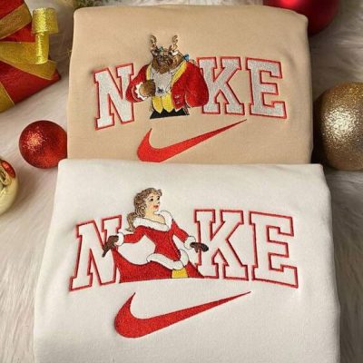 Beauty And The Beast Christmas Nike Embroidered Shirts, Xmas Gift For Couple| soulcals.com