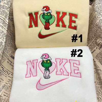 Cute Grinch Couple Nike Embroidered Sweatshirt, Xmas Gift for Couple| soulcals.com