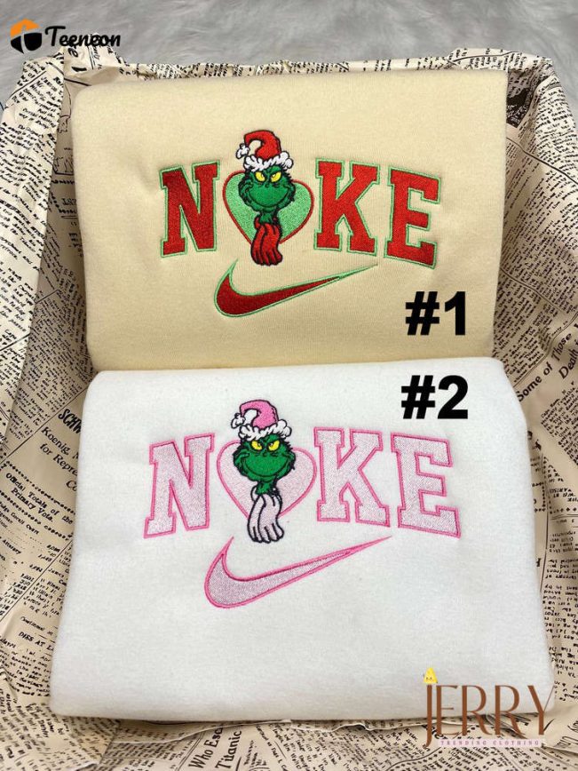 Cute Grinch Couple Nike Embroidered Sweatshirt, Xmas Gift for Couple| soulcals.com
