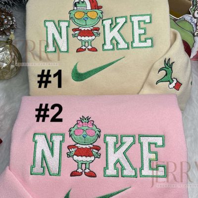 Grinch Boy And Grinch Girl Christmas Nike Embroidered Sweatshirt, Xmas Gift for Family| soulcals.com