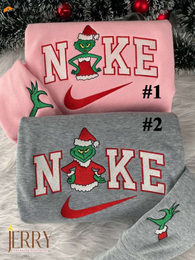 Grinch Couple Christmas Nike Embroidered Sweatshirt, Christmas Gift For Couple| soulcals.com