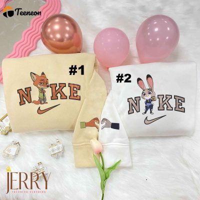 Judy Hopps And Nick Wilde Couple Disney Nike Embroidered Sweatshirts| soulcals.com