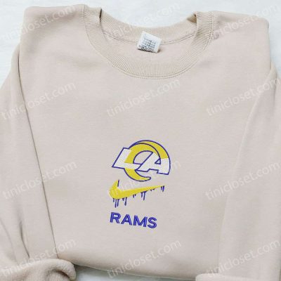 Los Angeles Rams x Nike Swoosh Drip Embroidered Shirt & Hoodie Collection, NFL Sports Inspired Apparel| soulcals.com