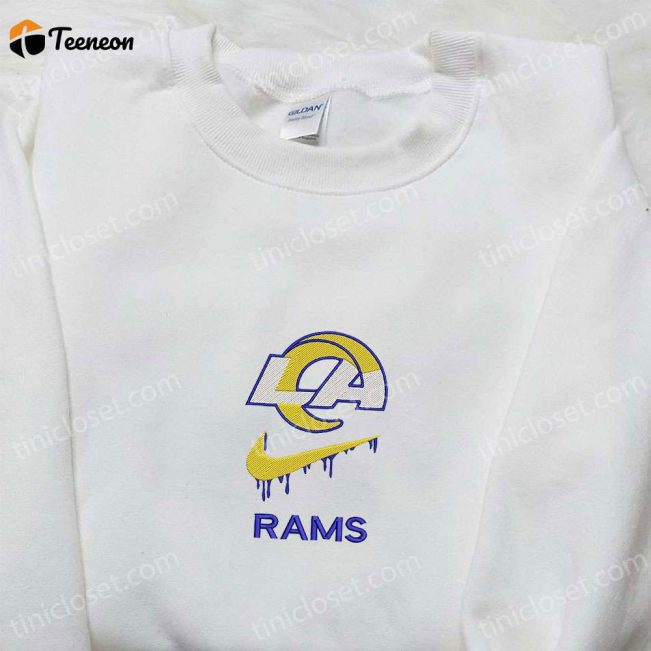 Los Angeles Rams x Nike Swoosh Drip Embroidered Shirt & Hoodie Collection, NFL Sports Inspired Apparel| soulcals.com